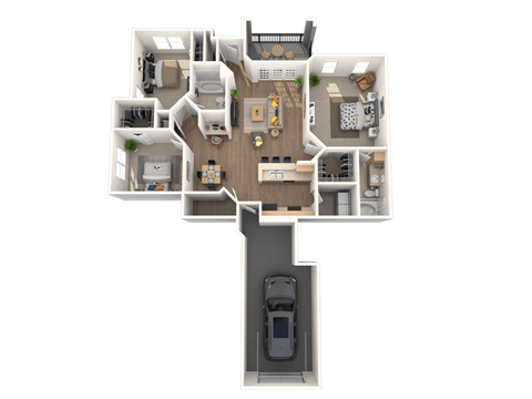 A 3D floor plan of a house with a car parked in the garage.
